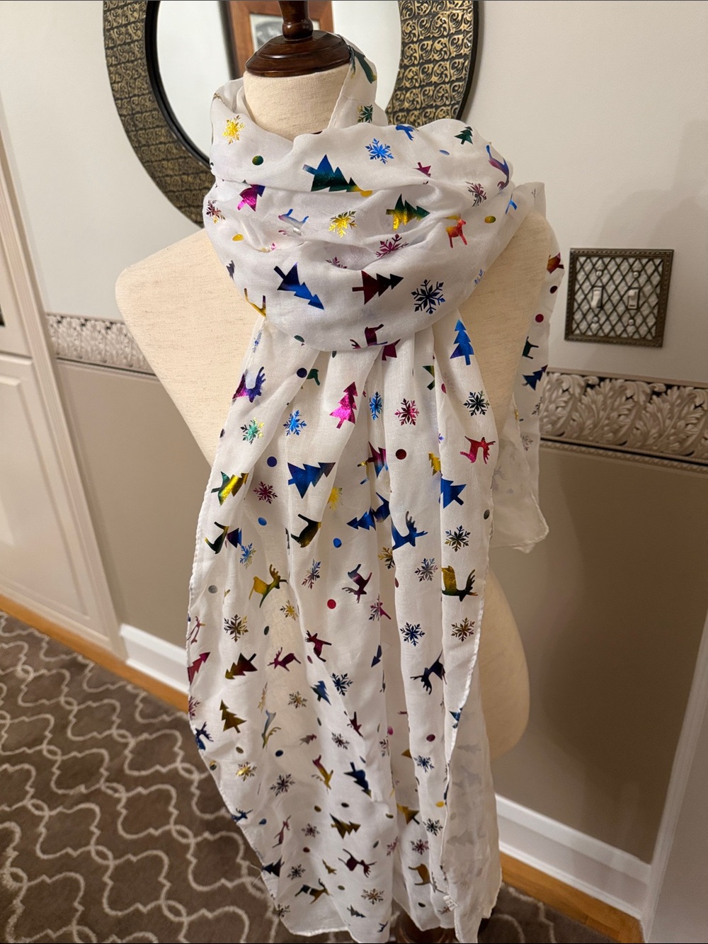 White Holiday Scarf with Multicolor Trees & Reindeer
